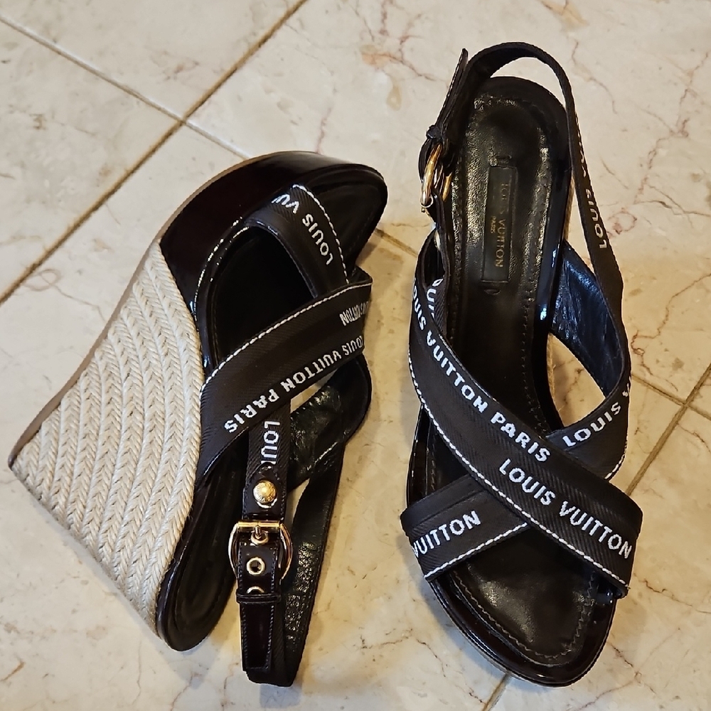 Louis Vuitton Brown Logo Wedge Slingback Wedge Espadrille Sandals [Size 37.5]